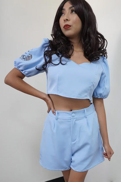 Summer Two-piece short outfit Sexy crop top - Blue