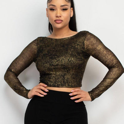 Foil Mesh Long Sleeve Crop Top