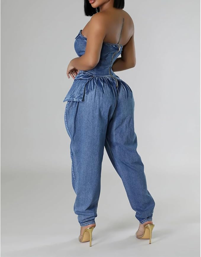 Washed Demin Tube Baggy Jumpsuit
