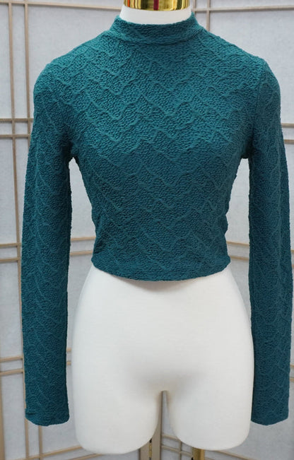 Green Mock Neck Smocked Jacquard Crop Top/ Long Sleeve Crop Top