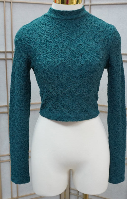 Green Mock Neck Smocked Jacquard Crop Top/ Long Sleeve Crop Top