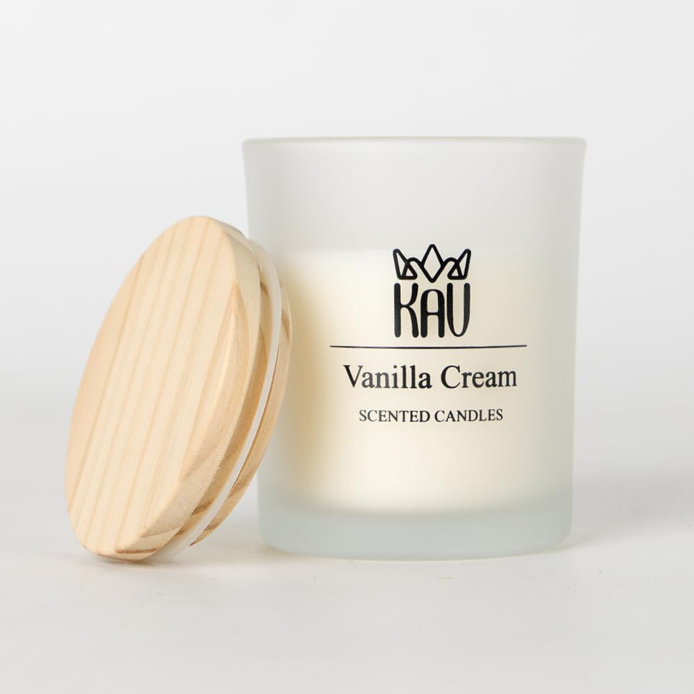KAV Scented Candles, Inner Chanting Premium Hand Poured Soy Wax Candle w/ Wooden Lid in Smoked Glass Jar 130g, Cinnamon - Amber