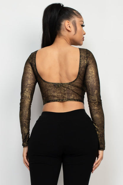 Foil Mesh Long Sleeve Crop Top