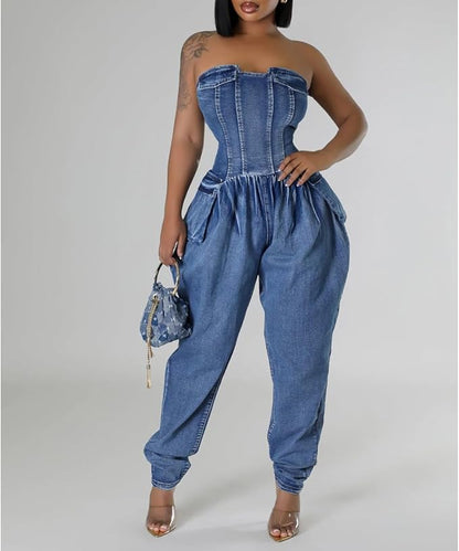 Washed Demin Tube Baggy Jumpsuit