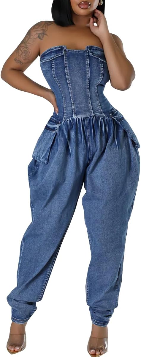 Washed Demin Tube Baggy Jumpsuit