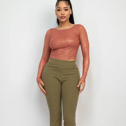 Foil Mesh Long Sleeve Crop Top