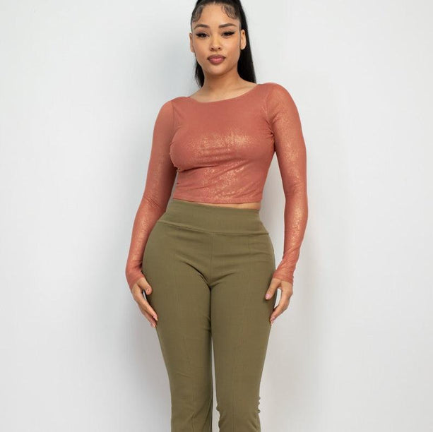 Foil Mesh Long Sleeve Crop Top