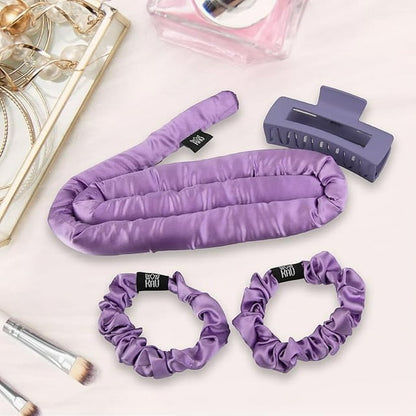 KAV Silk Heatless Curling Rod with Clip and Scrunchie Set, Purple Heatless Hair Curler