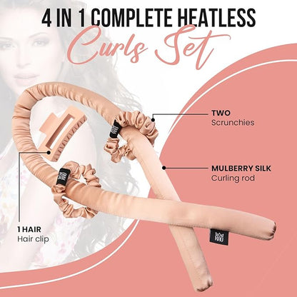 KAV Silk Heatless Curling Rod with Clip and Scrunchie Set, Rosegold Heatless Hair Curler
