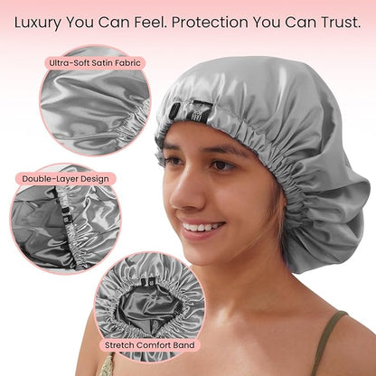 Satin Bonnet for Women, XL Reversable Beanie for Various Hair Types, Satin Sleeping Cap with Adjustable Strap, 2-Tone 2-Layer (Grey)