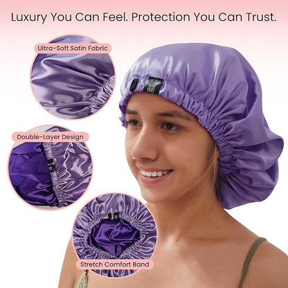 Satin Bonnet for Women, XL Reversable Beanie for Various Hair Types, Satin Sleeping Cap with Adjustable Strap, 2-Tone 2-Layer (Purple)