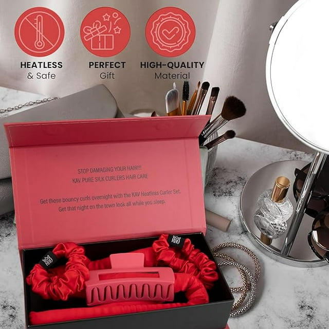 KAV Silk Heatless Curling Rod with Clip and Scrunchie Set, Red Heatless Hair Curler