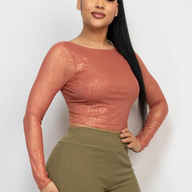 Foil Mesh Long Sleeve Crop Top