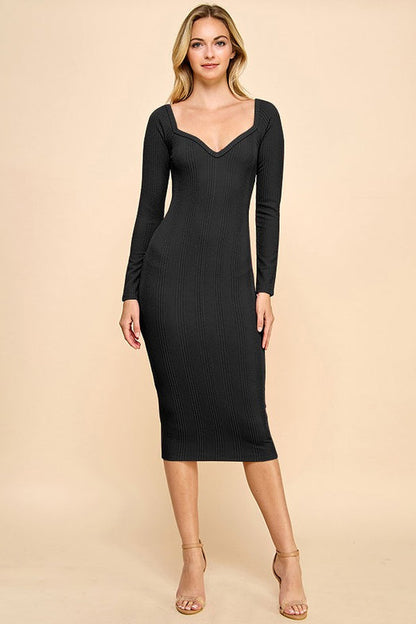 Sweetheart Neck Long Sleeve Dress/ Long Black Dress