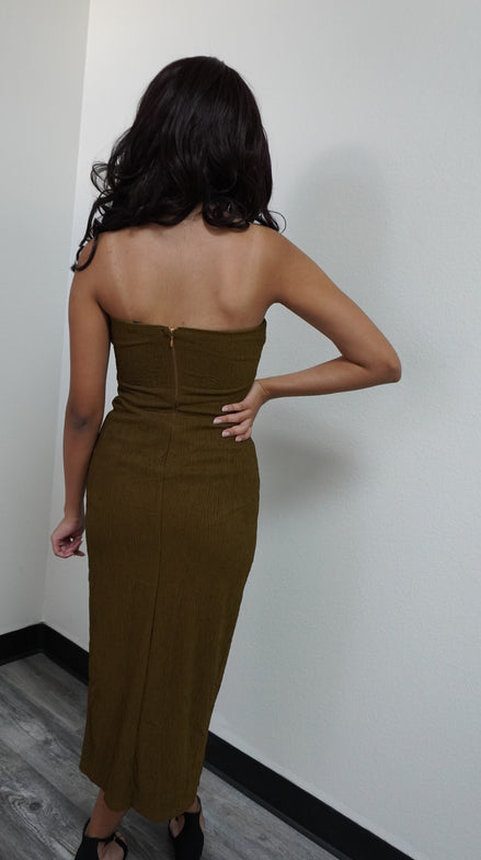 Olive Tube Midi Dress with gold chect trim