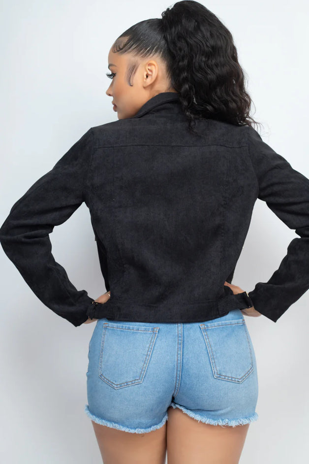 Corduroy Zipper Moto Jacket - Black