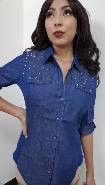 Rhinestone Embellished Button Down Chambray Top