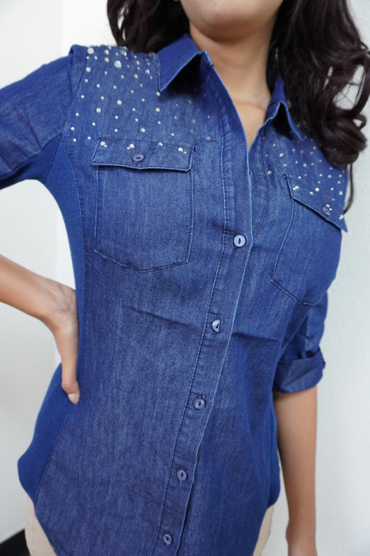 Rhinestone Embellished Button Down Chambray Top