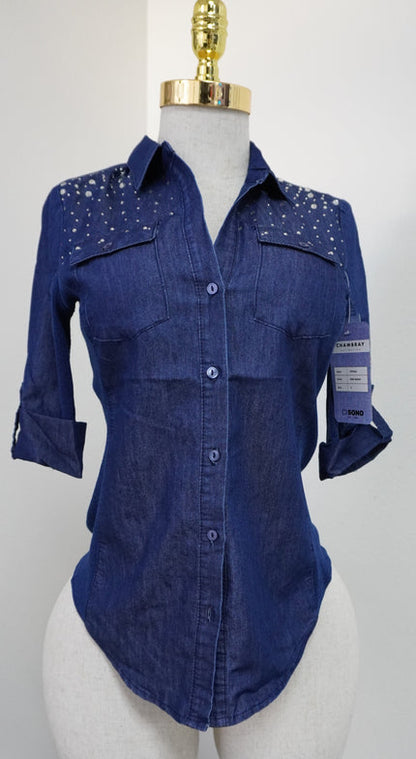Rhinestone Embellished Button Down Chambray Top