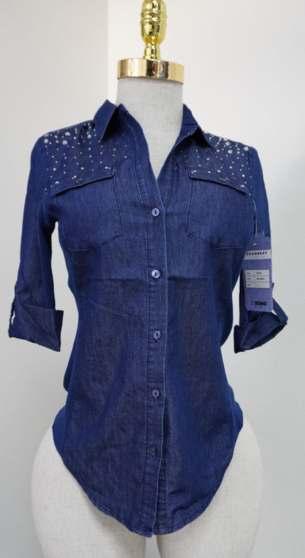 Rhinestone Embellished Button Down Chambray Top