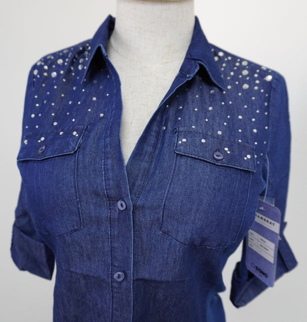 Rhinestone Embellished Button Down Chambray Top