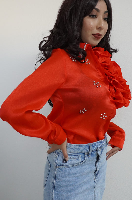 FLORAL APPLIQUE EMBELLISHED BLOUSE