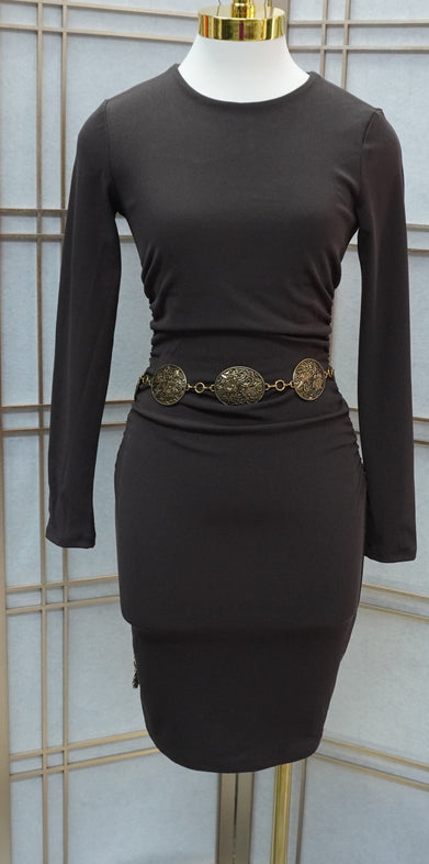 Side and Back Rushing Rib Long Sleeve Dress