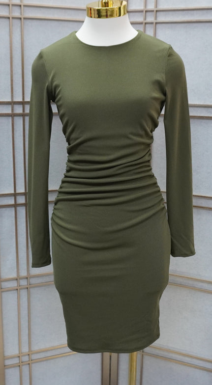 Side and Back Rushing Rib Long Sleeve Dress