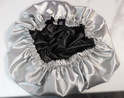 Satin Bonnet for Women, XL Reversable Beanie for Various Hair Types, Satin Sleeping Cap with Adjustable Strap, 2-Tone 2-Layer (Grey)