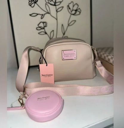 JUICY COUTURE PUFFED UP CROSSBODY SANDSTONE COIN PURSE JC LOGO ON STRAP NWT
