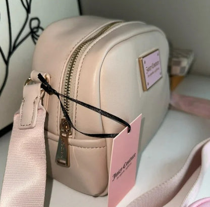 JUICY COUTURE PUFFED UP CROSSBODY SANDSTONE COIN PURSE JC LOGO ON STRAP NWT