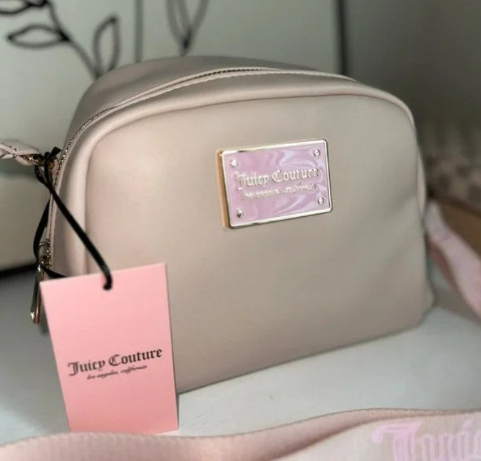 JUICY COUTURE PUFFED UP CROSSBODY SANDSTONE COIN PURSE JC LOGO ON STRAP NWT