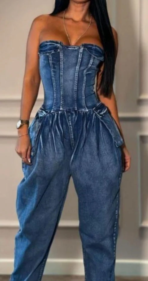 Washed Demin Tube Baggy Jumpsuit