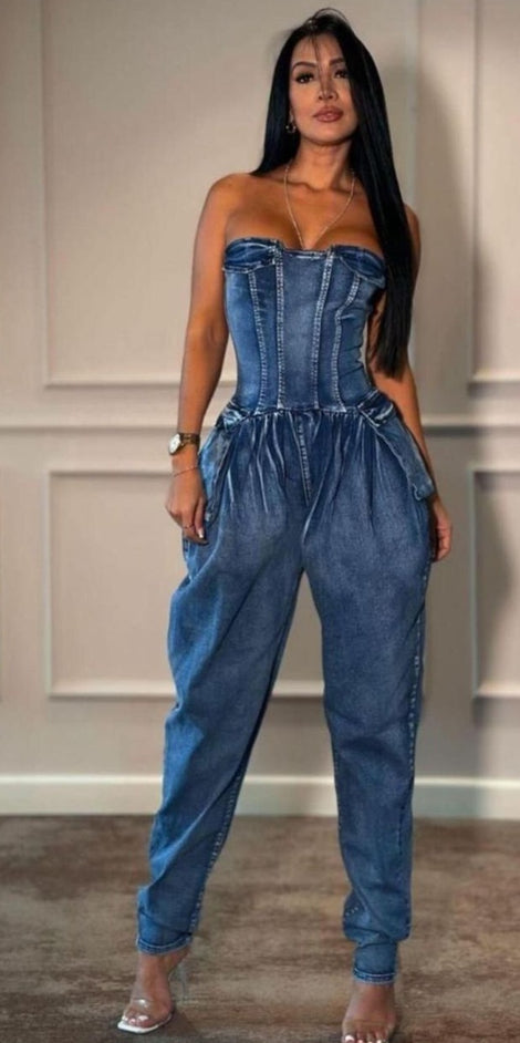 Washed Demin Tube Baggy Jumpsuit