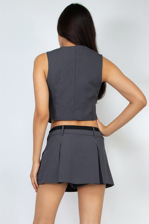 Gray Buttoned Solid V-Neck Crop Top