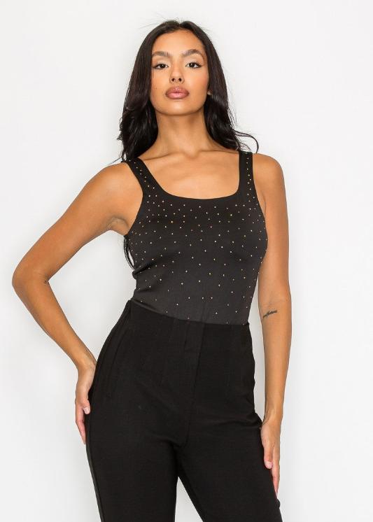 Rhinestones Scoop-Cut Back Sleeveless Bodysuit