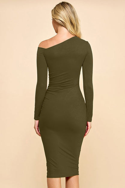 Asymmetry Off Shoulder Side Ruched Midi Dress