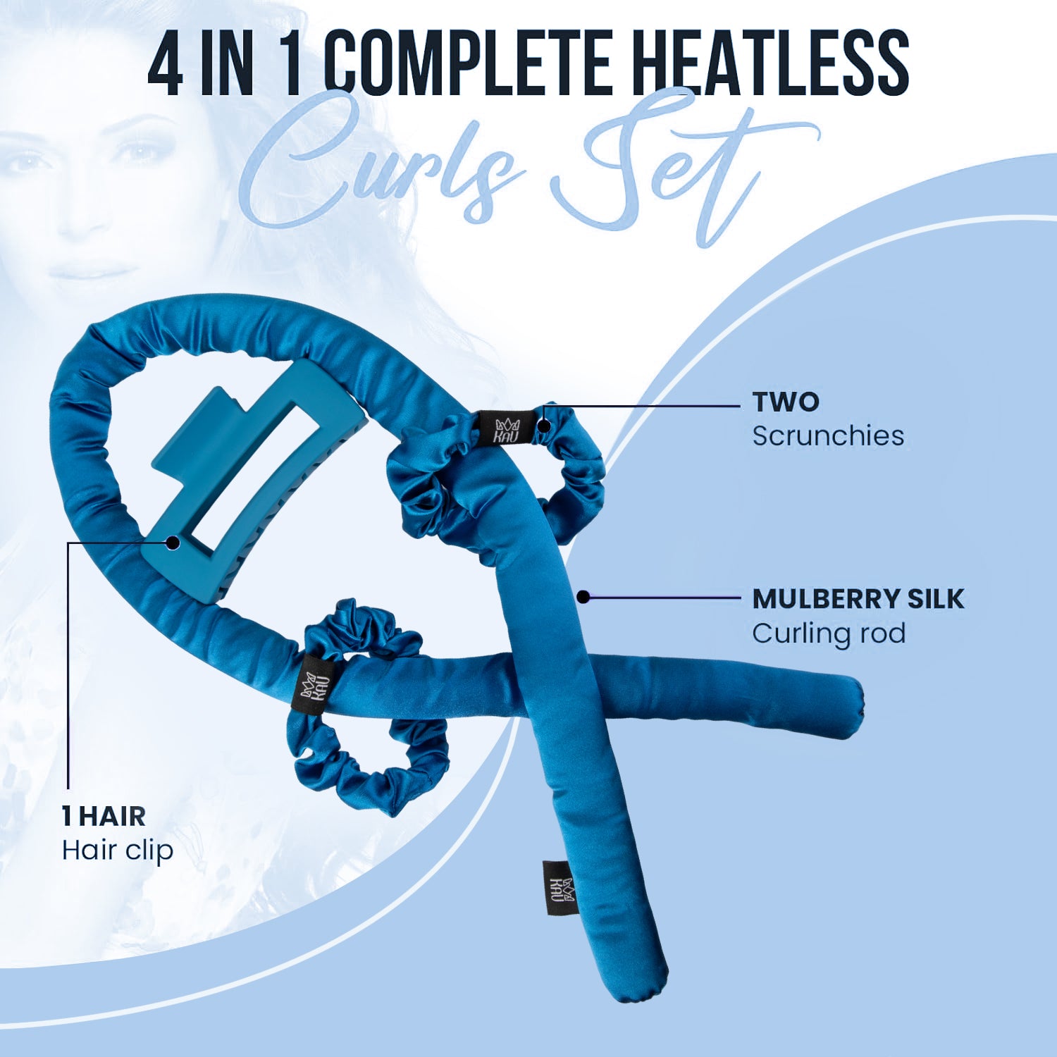 KAV Satin Heatless Curling Rod with Clip and Scrunchie Set, FASHION BLUE Satin Heatless Hair Curler, All Hair Types Overnight Curls
