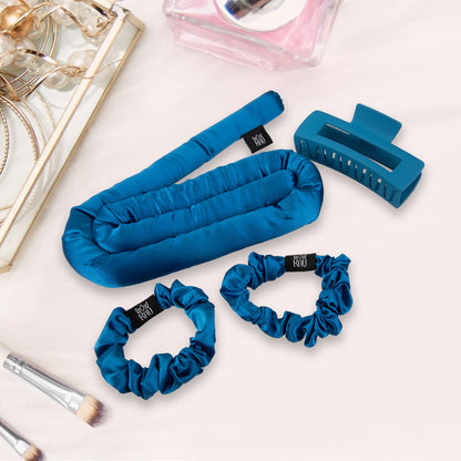 KAV Satin Heatless Curling Rod with Clip and Scrunchie Set, FASHION BLUE Satin Heatless Hair Curler, All Hair Types Overnight Curls