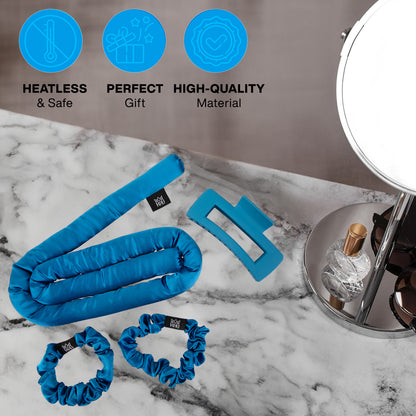 KAV Satin Heatless Curling Rod with Clip and Scrunchie Set, FASHION BLUE Satin Heatless Hair Curler, All Hair Types Overnight Curls