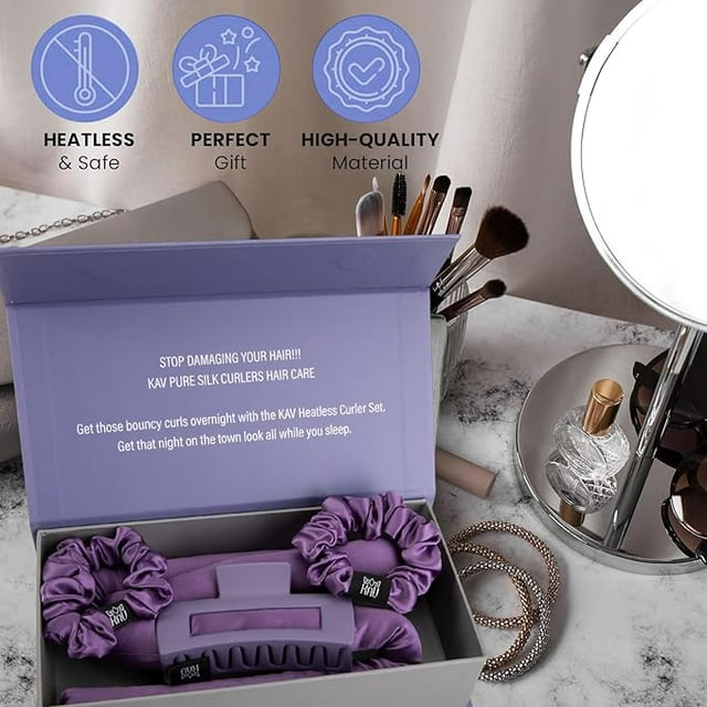 KAV Silk Heatless Curling Rod with Clip and Scrunchie Set, Purple Heatless Hair Curler