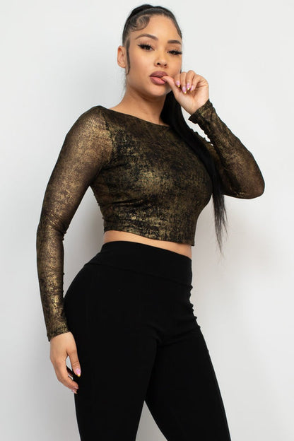 Foil Mesh Long Sleeve Crop Top