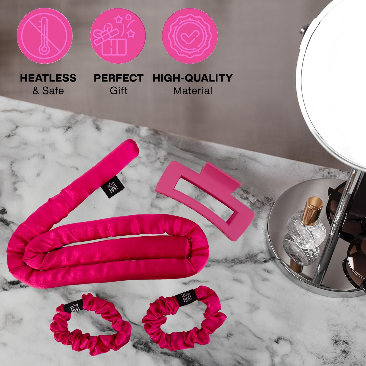 KAV Satin Heatless Curling Rod with Clip and Scrunchie Set, HOT PINK Satin Heatless Hair Curler, All Hair Types Overnight Curls