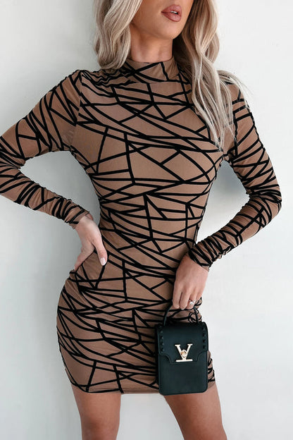 Geometric Mesh Bodycon Party Dress (Mocha)