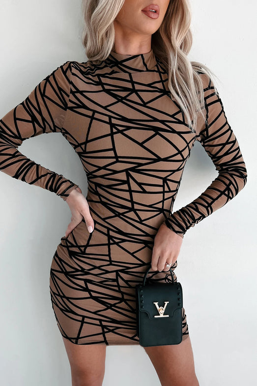 Geometric Mesh Bodycon Party Dress (Mocha)