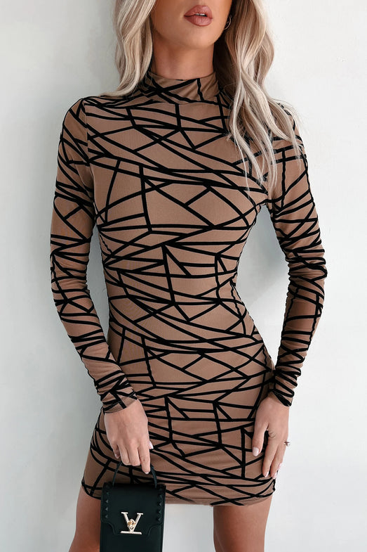 Geometric Mesh Bodycon Party Dress (Mocha)