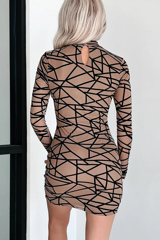 Geometric Mesh Bodycon Party Dress (Mocha)