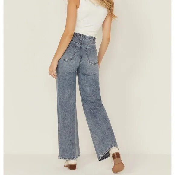 Far Out Medium Wash High Rise Studded Wide Leg Denim Jeans Rhinestone