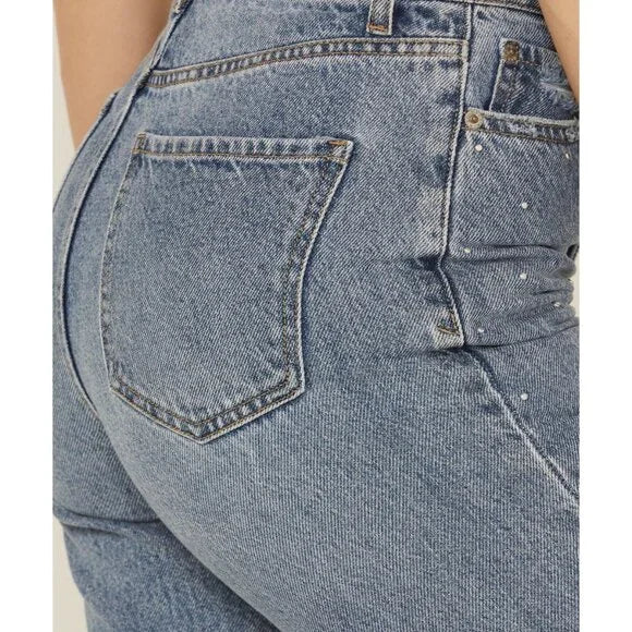 Far Out Medium Wash High Rise Studded Wide Leg Denim Jeans Rhinestone