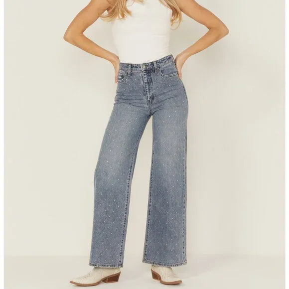 Far Out Medium Wash High Rise Studded Wide Leg Denim Jeans Rhinestone